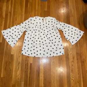 LOFT Peplum Sleeve Long Sleeve Blouse, white and green/blue - size Medium